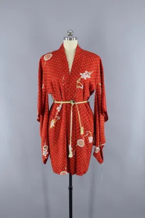 1940s Vintage Silk Haori Kimono Cardigan Jacket / Orange Red & Tiny Dotted Floral Print