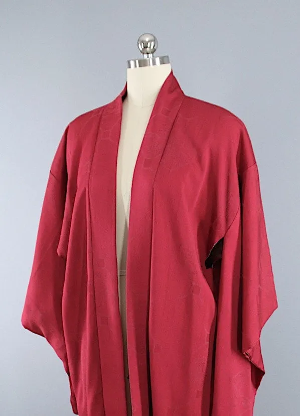 1940s Vintage Silk Haori Kimono Jacket Cardigan / Dark Red