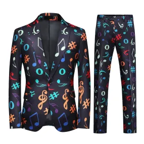 2-Piece Men's Black Music Notes Printed Suit