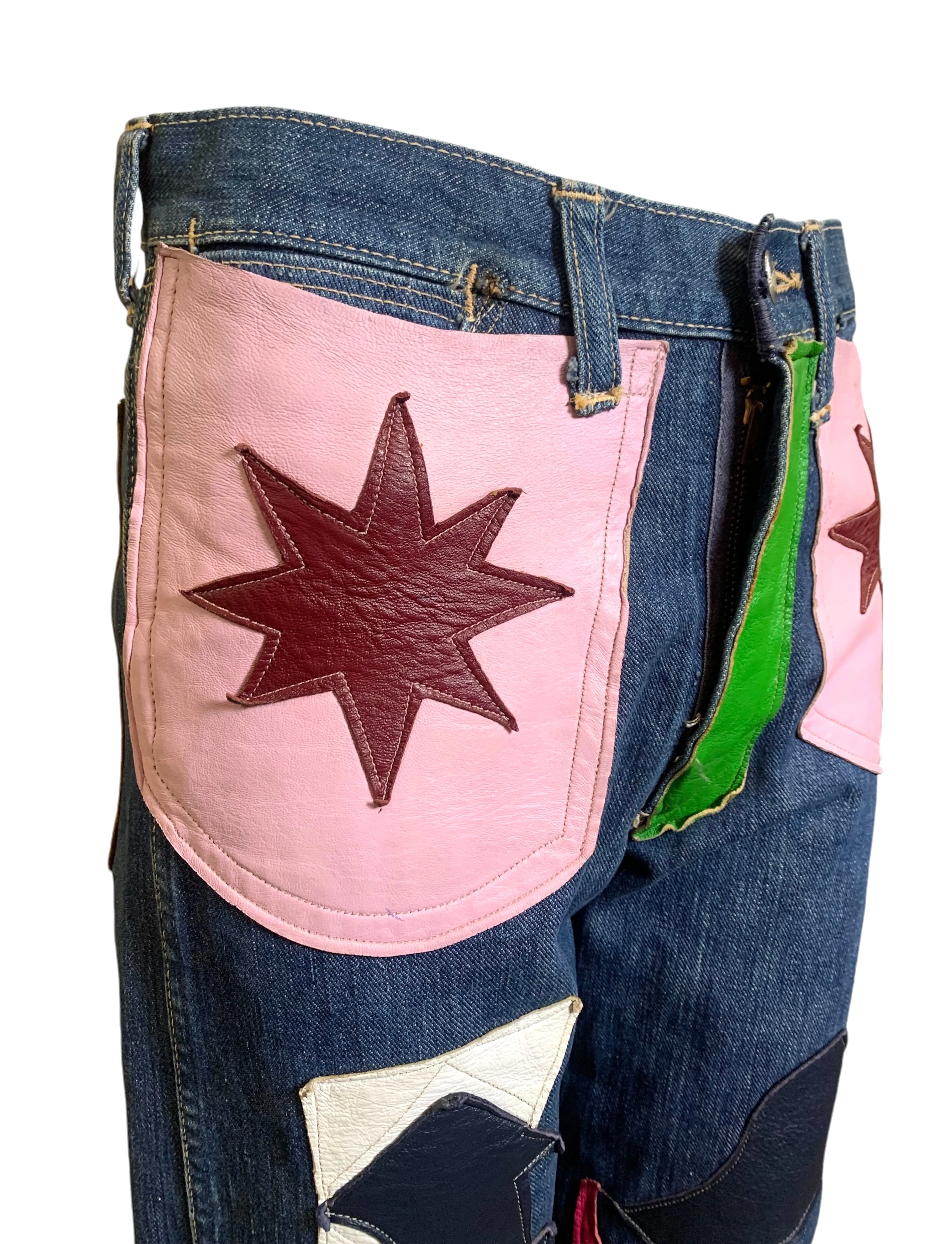 60s Wrangler Jeans with Abstract Technicolor Leather Patchwork