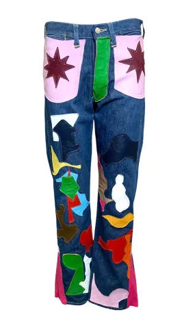 60s Wrangler Jeans with Abstract Technicolor Leather Patchwork