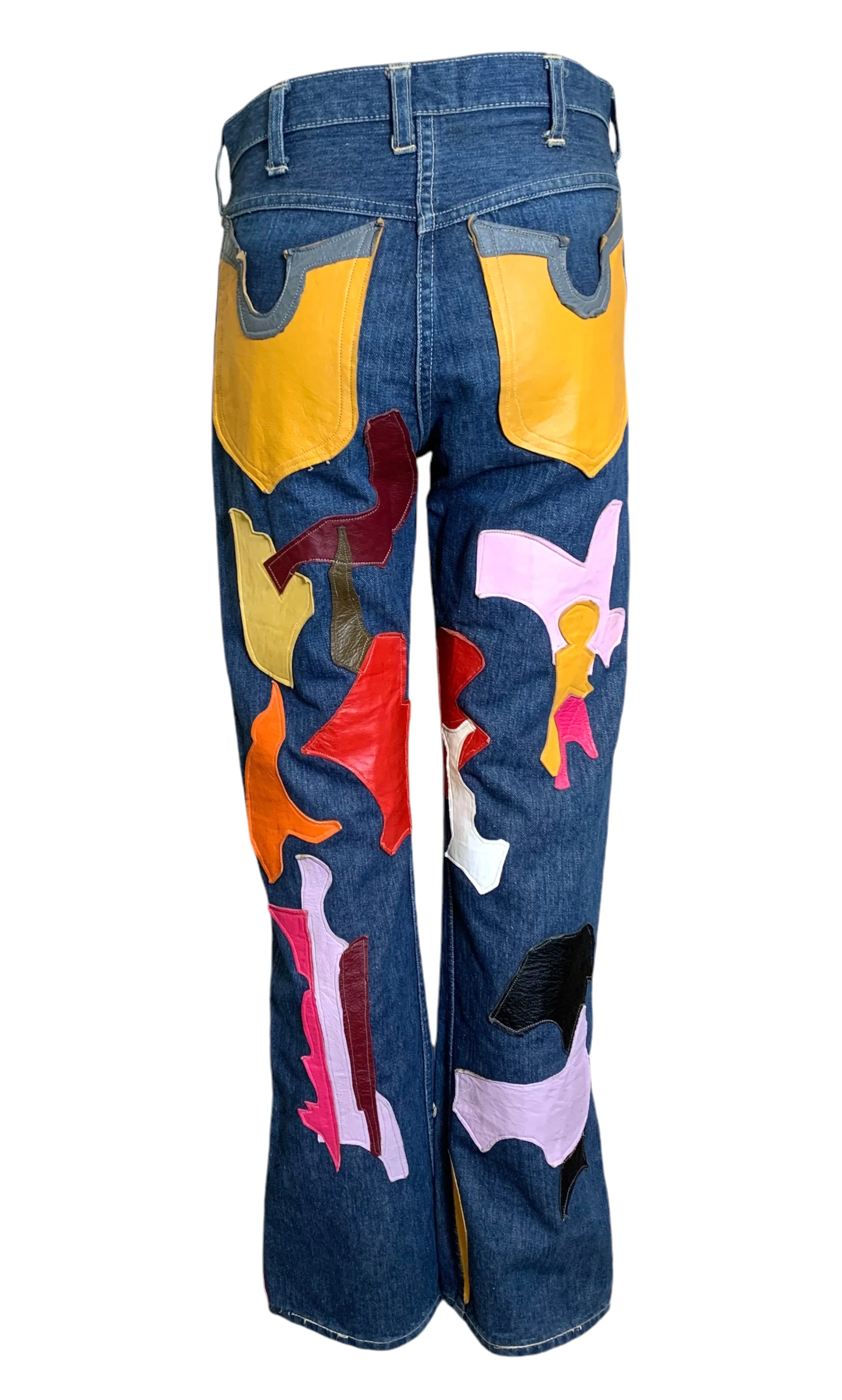 60s Wrangler Jeans with Abstract Technicolor Leather Patchwork