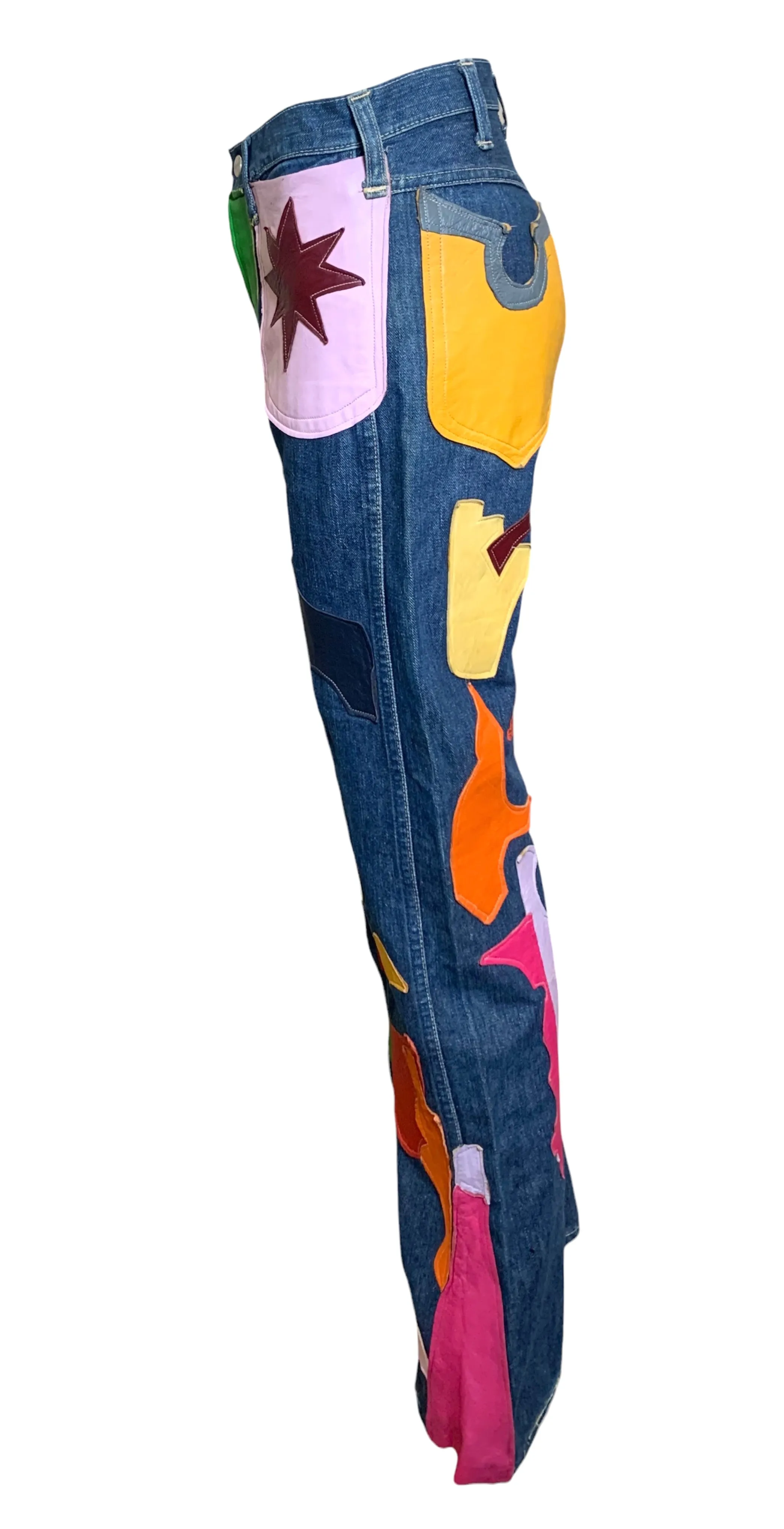 60s Wrangler Jeans with Abstract Technicolor Leather Patchwork