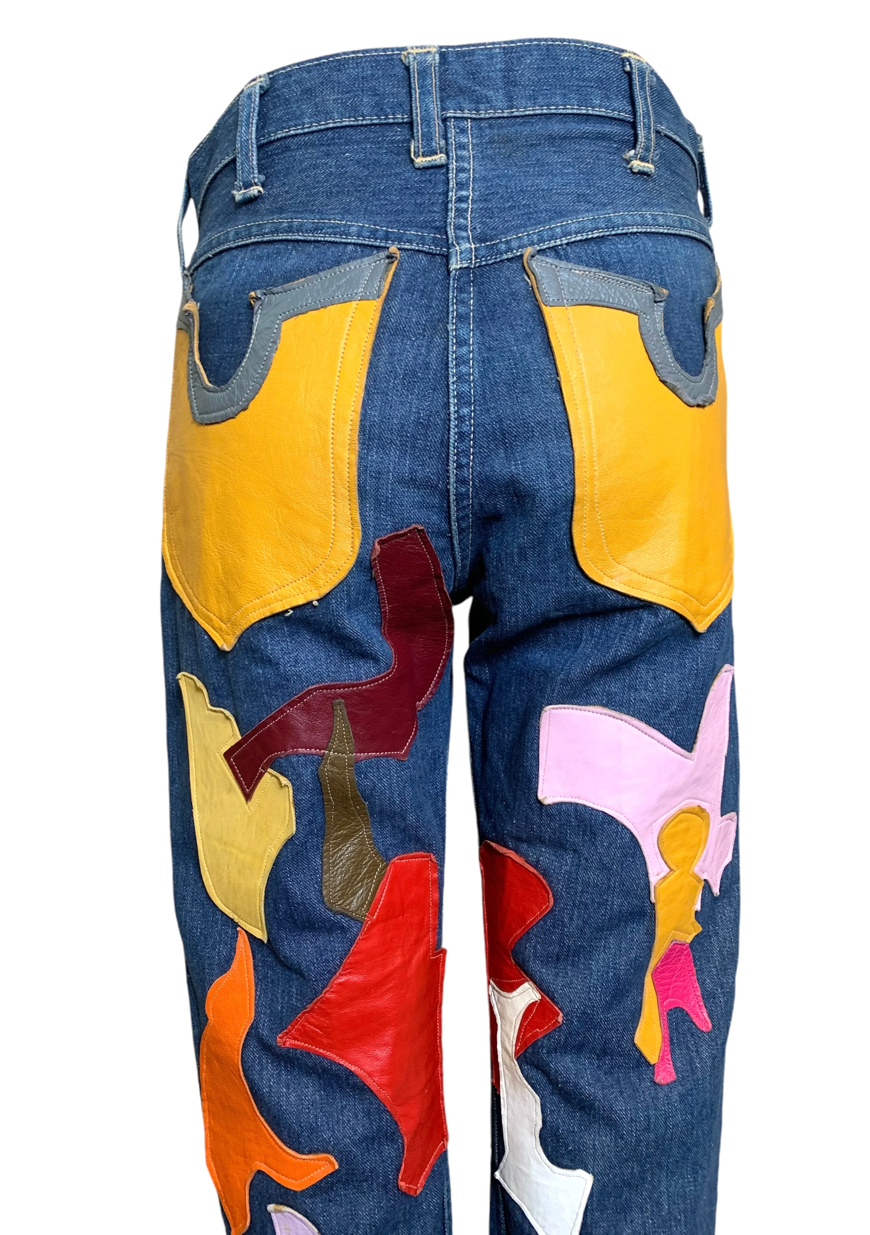 60s Wrangler Jeans with Abstract Technicolor Leather Patchwork