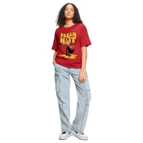 Bewakoof Looney Tunes X Merchandise Women's Feel'n Hot Graphic Print Cotton T-Shirt- Oversized Fit, Round Neck, Half Sleeves 582327_Red_3XL