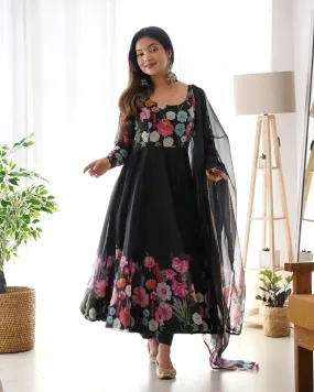 Black Color Floral Organza Anarkali Suit Set for Festivals & Weddings