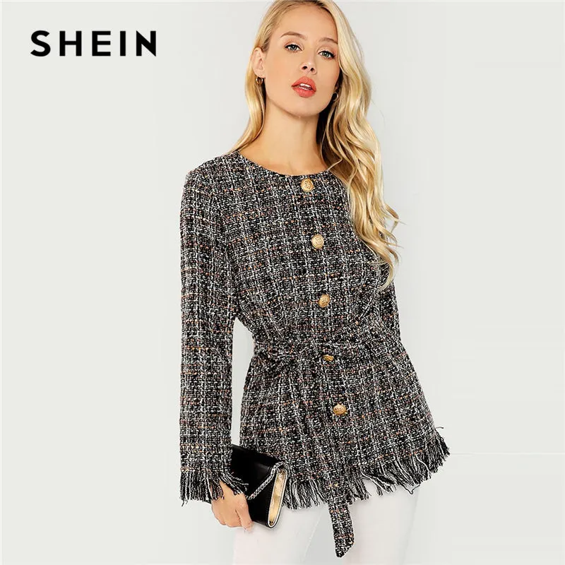 Black Elegant Highstreet Single Breasted Hem Button Belted Tweed Blazer