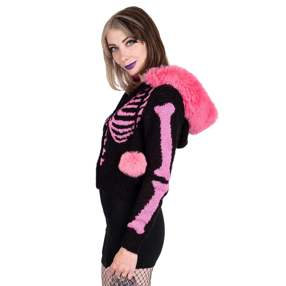 Bony Rib Cage Skelly Pink Fur Cardigan