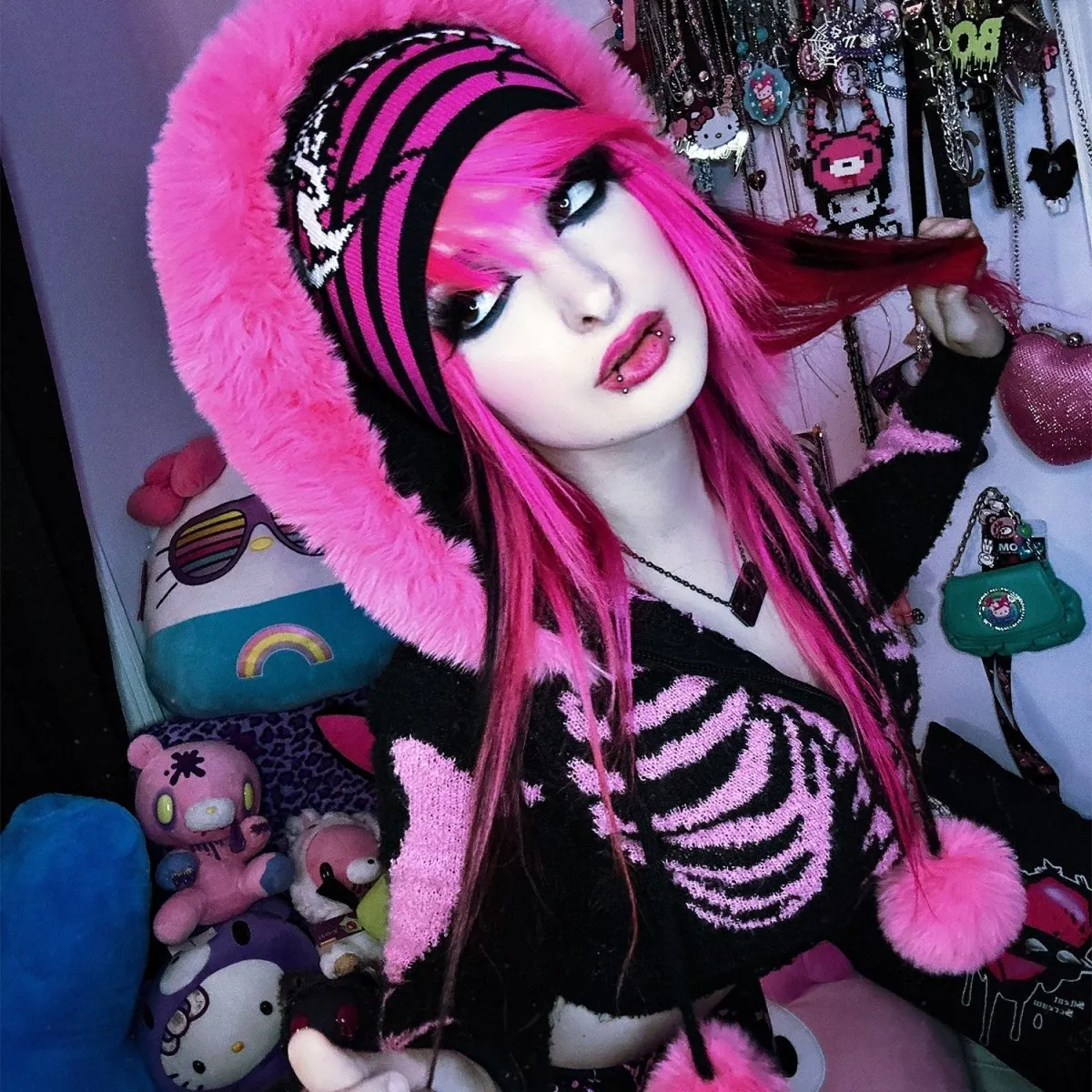 Bony Rib Cage Skelly Pink Fur Cardigan