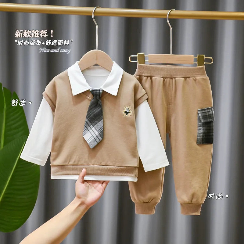 Boys Auutmn Top and Vest and Pants Set Boys School Uniform