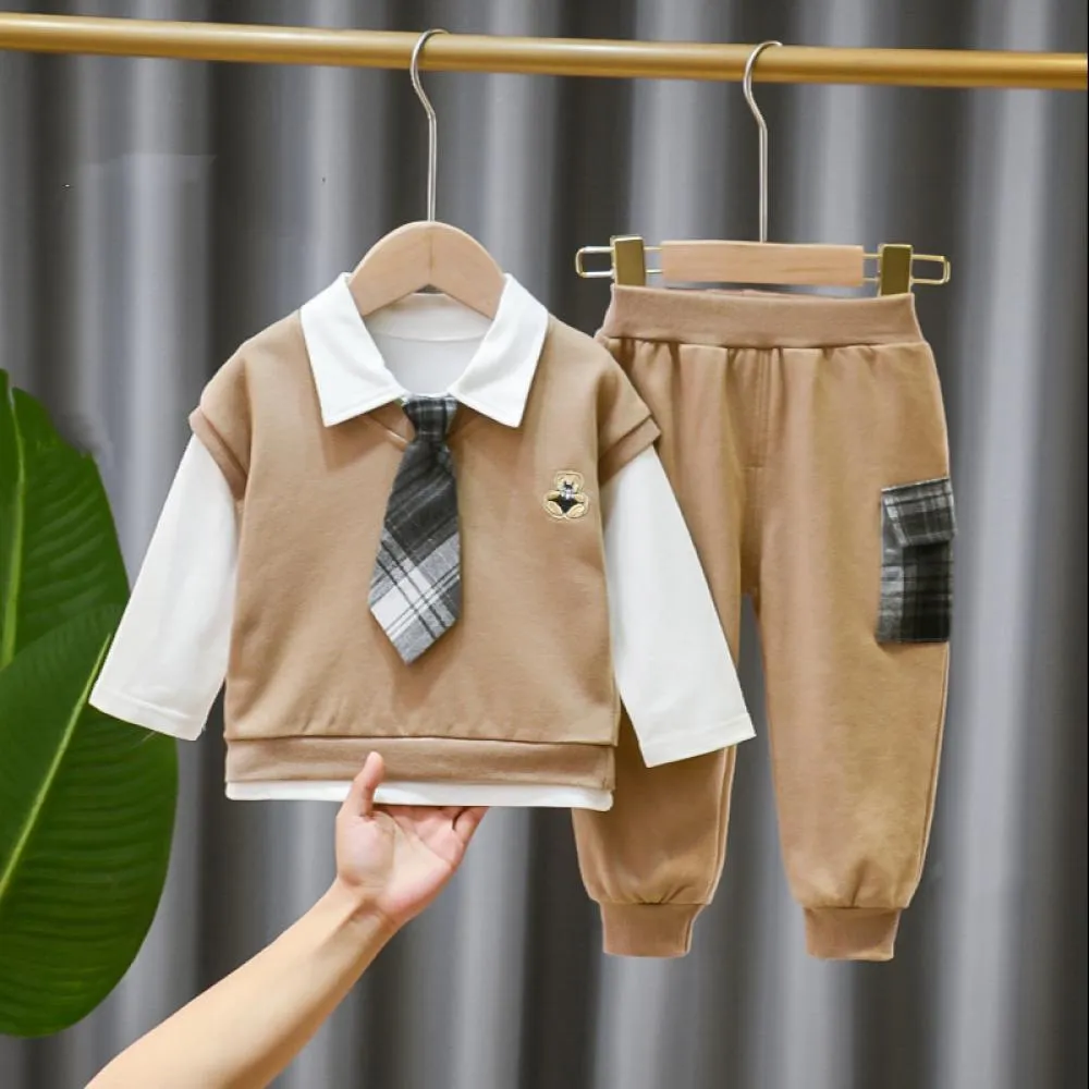 Boys Auutmn Top and Vest and Pants Set Boys School Uniform