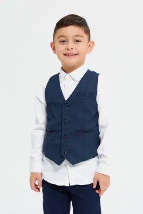 Boys White And Navy Vest And Shirt Set (2 Piece)