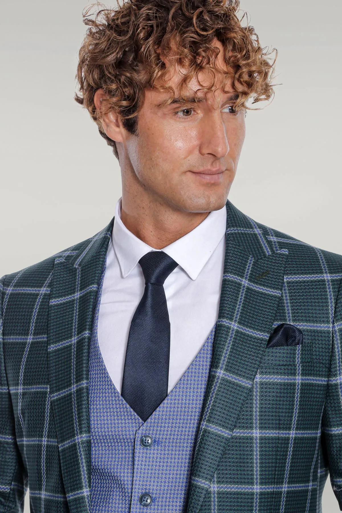 Checked Patterned Slim Fit Green Men Suit - Wessi