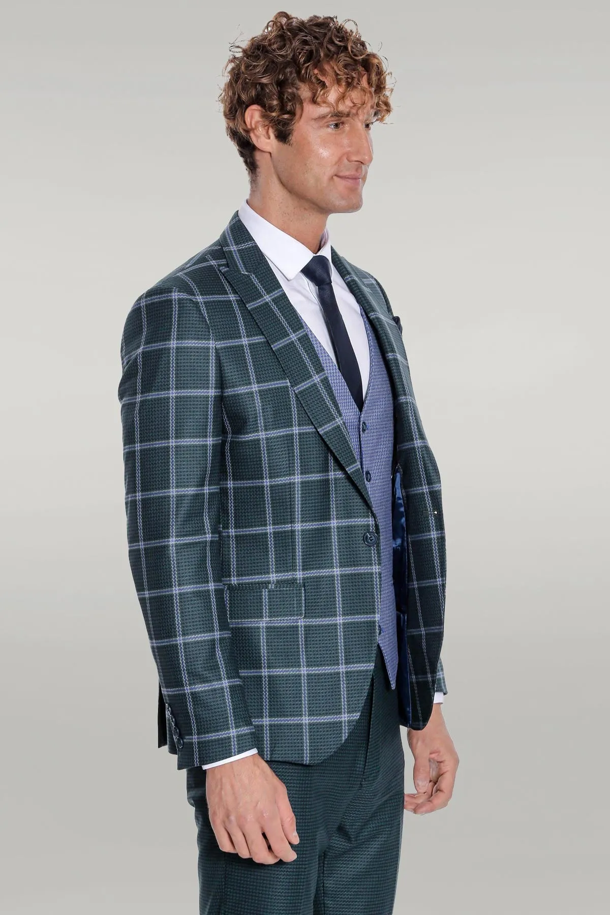 Checked Patterned Slim Fit Green Men Suit - Wessi