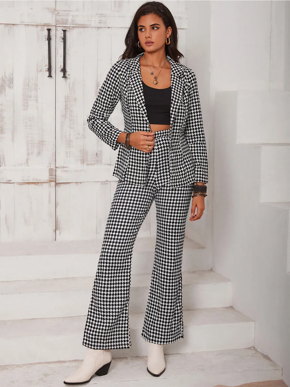 Checkered Blazer & Slit Pants Set