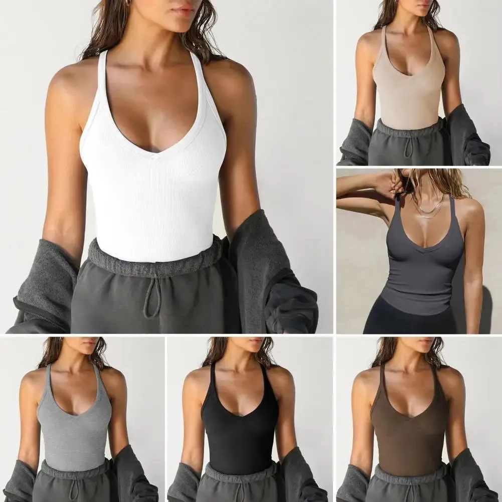 CHICMY-Summer Women Top Low-cut V Neck Sleeveless Elastic Vest Knitted Sweat Absorption Solid Color Slim Fit Sport Exercise Tank Top