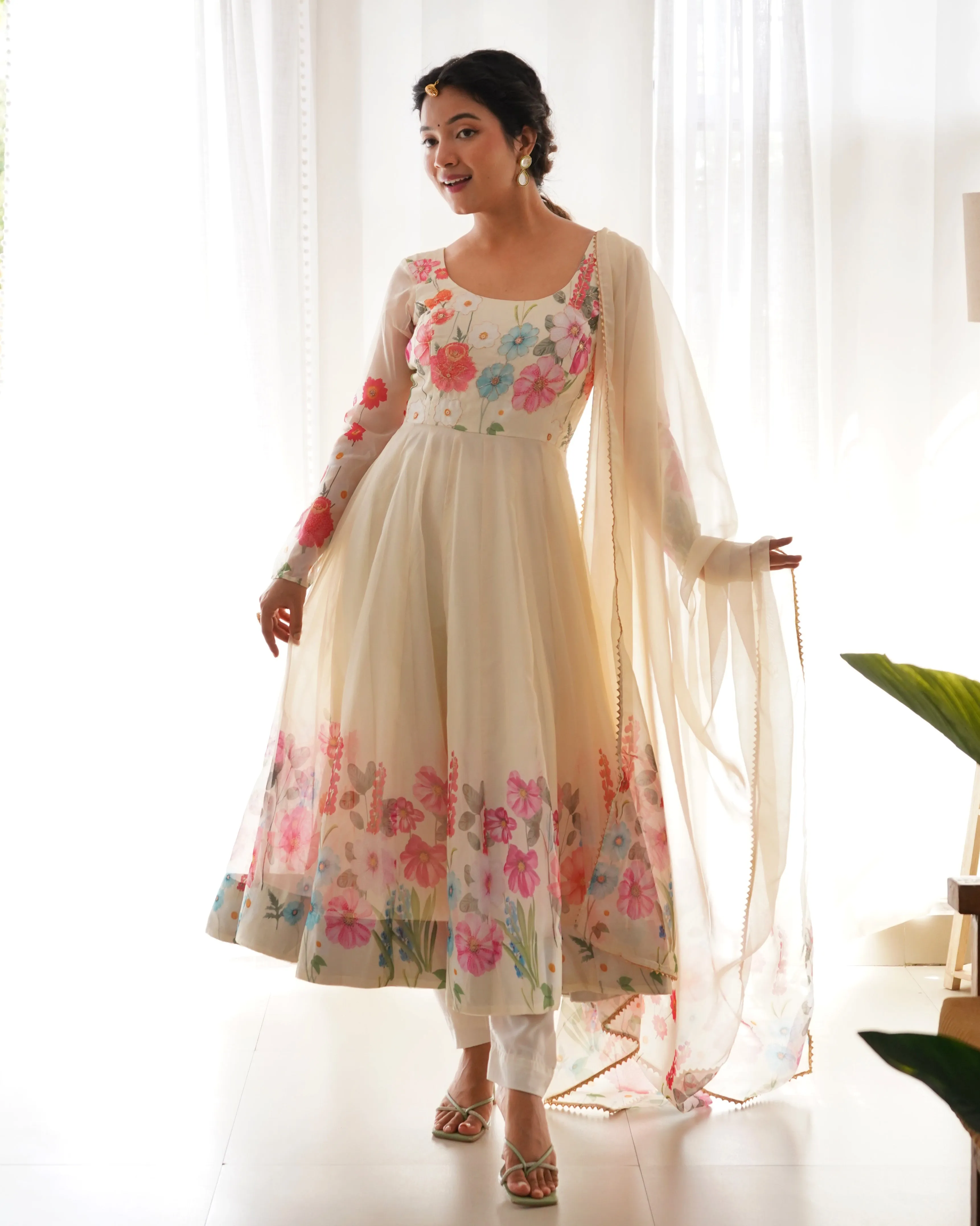 Cream Color Floral Organza Anarkali Suit Set for Festivals & Weddings