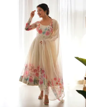 Cream Color Floral Organza Anarkali Suit Set for Festivals & Weddings