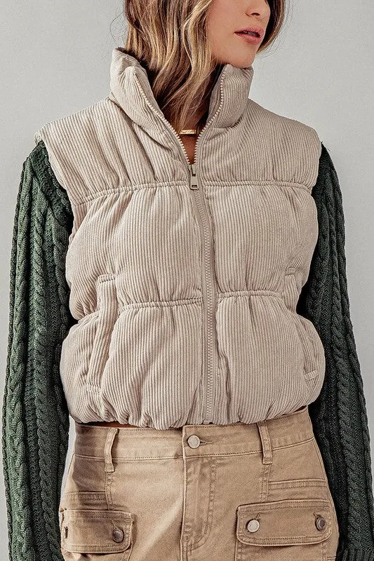 Cream Stand Collar Cropped Corduroy Puffer Vest