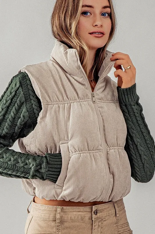 Cream Stand Collar Cropped Corduroy Puffer Vest