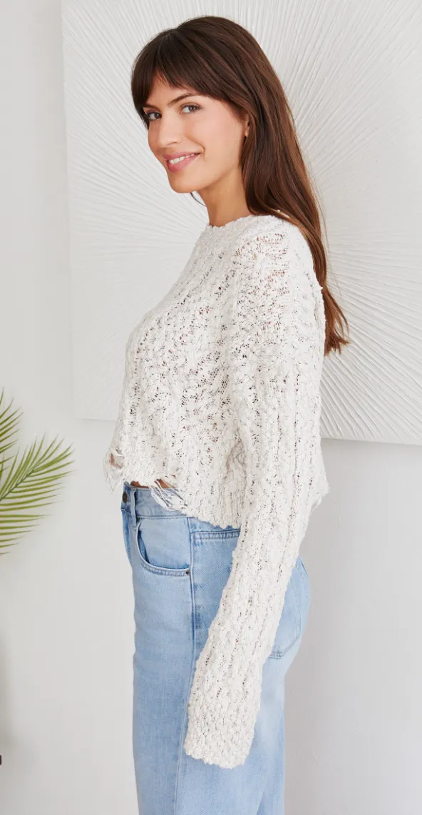 Crochet Twist Raw Edge L/S Crop Sweater