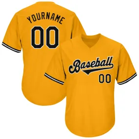 Custom Gold Black-White Authentic Throwback Rib-Knit Baseball Jersey Shirt