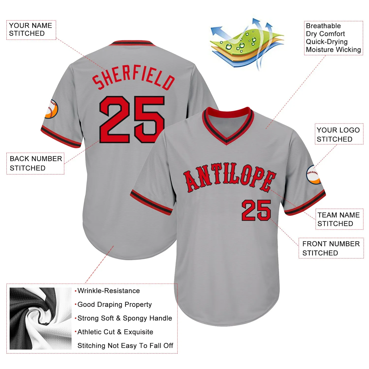 Custom Gray Red-Black Authentic Throwback Rib-Knit Baseball Jersey Shirt