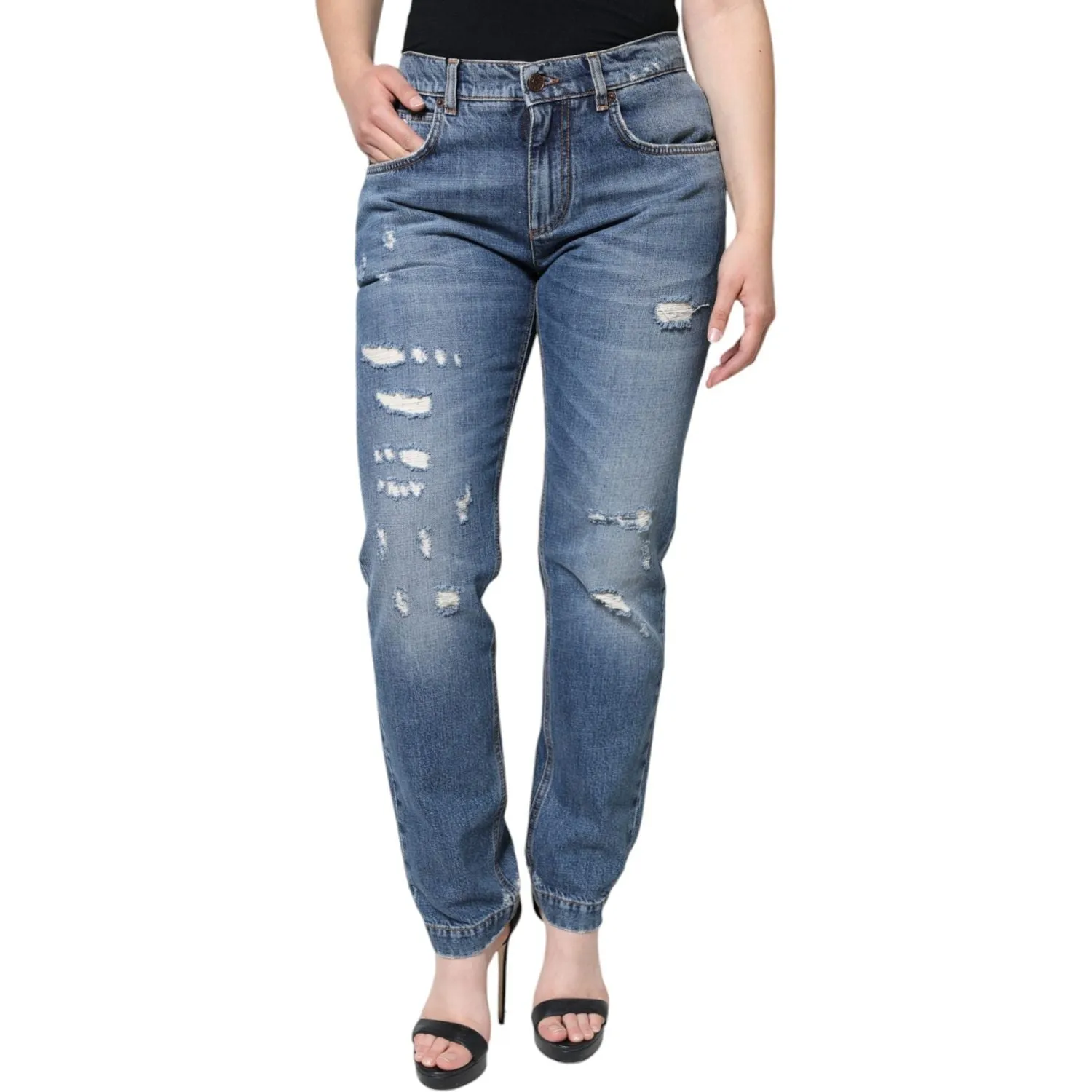 Dolce & Gabbana Blue Cotton Tattered Boyfriend Denim Jeans