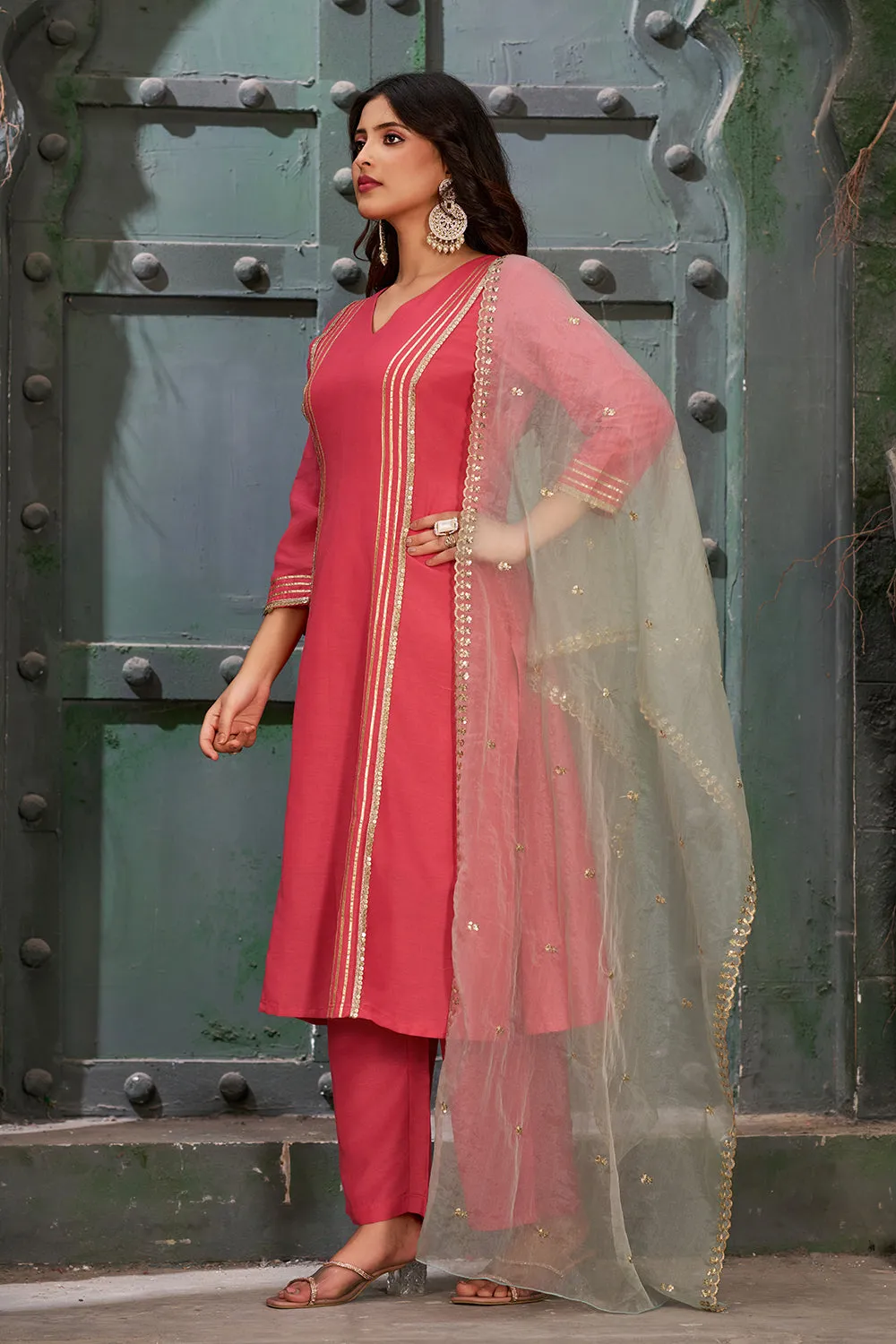 Embroidered Art Silk Rouge Pink Kurta Set with Trousers and Dupatta