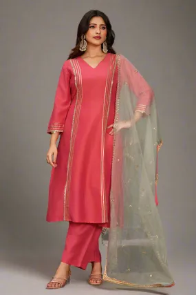 Embroidered Art Silk Rouge Pink Kurta Set with Trousers and Dupatta