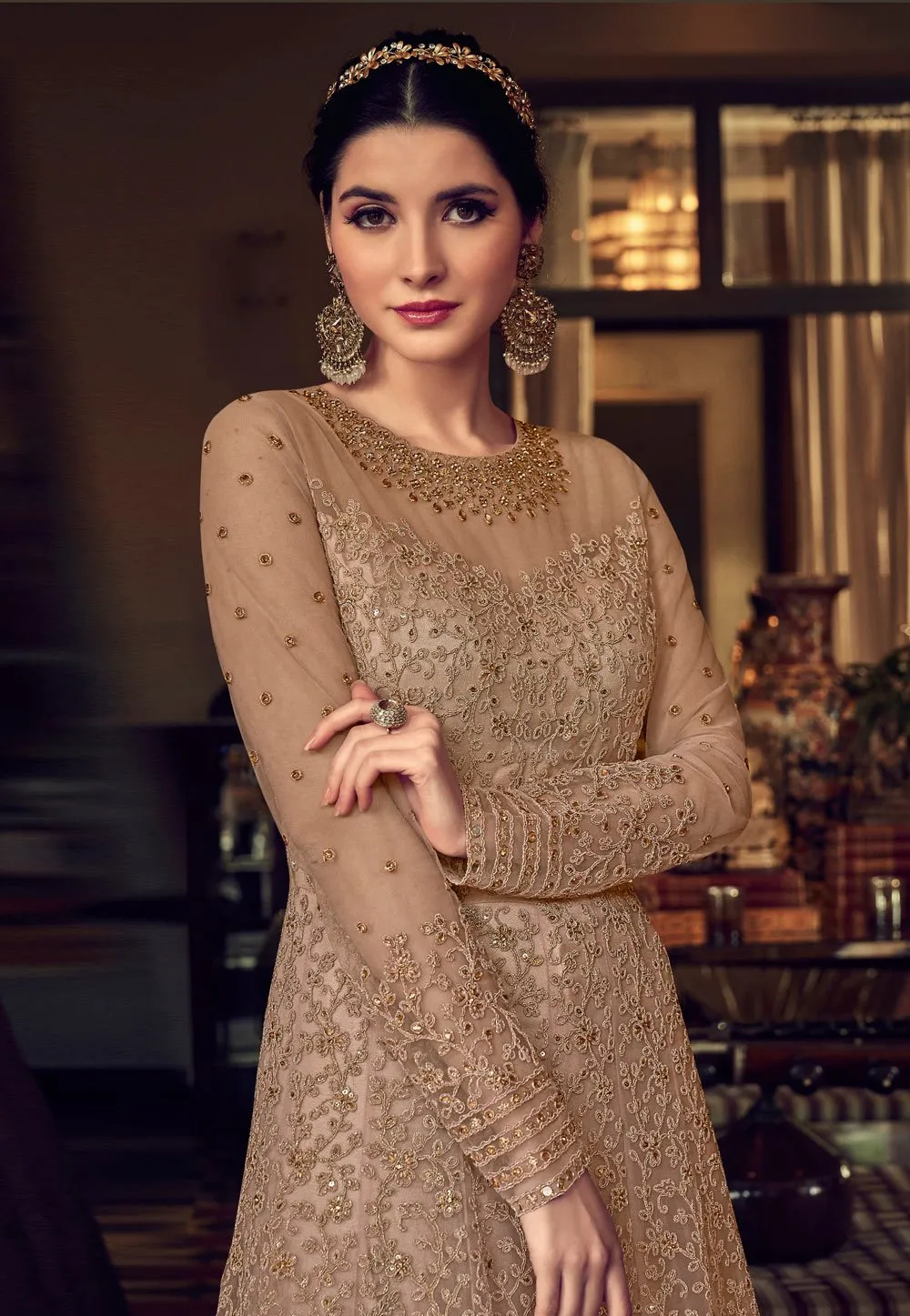 Enchanting Brown Net Embroidered Designer Anarkali Suit