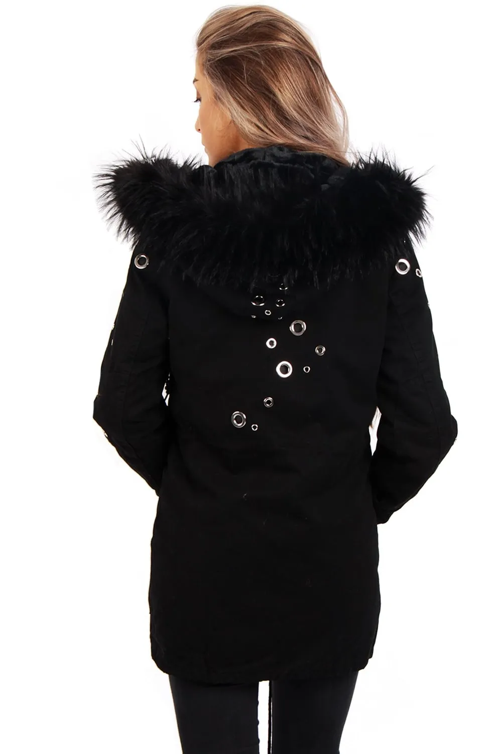 Eyelet Detail Faux Fur Hooded Parka Jacket