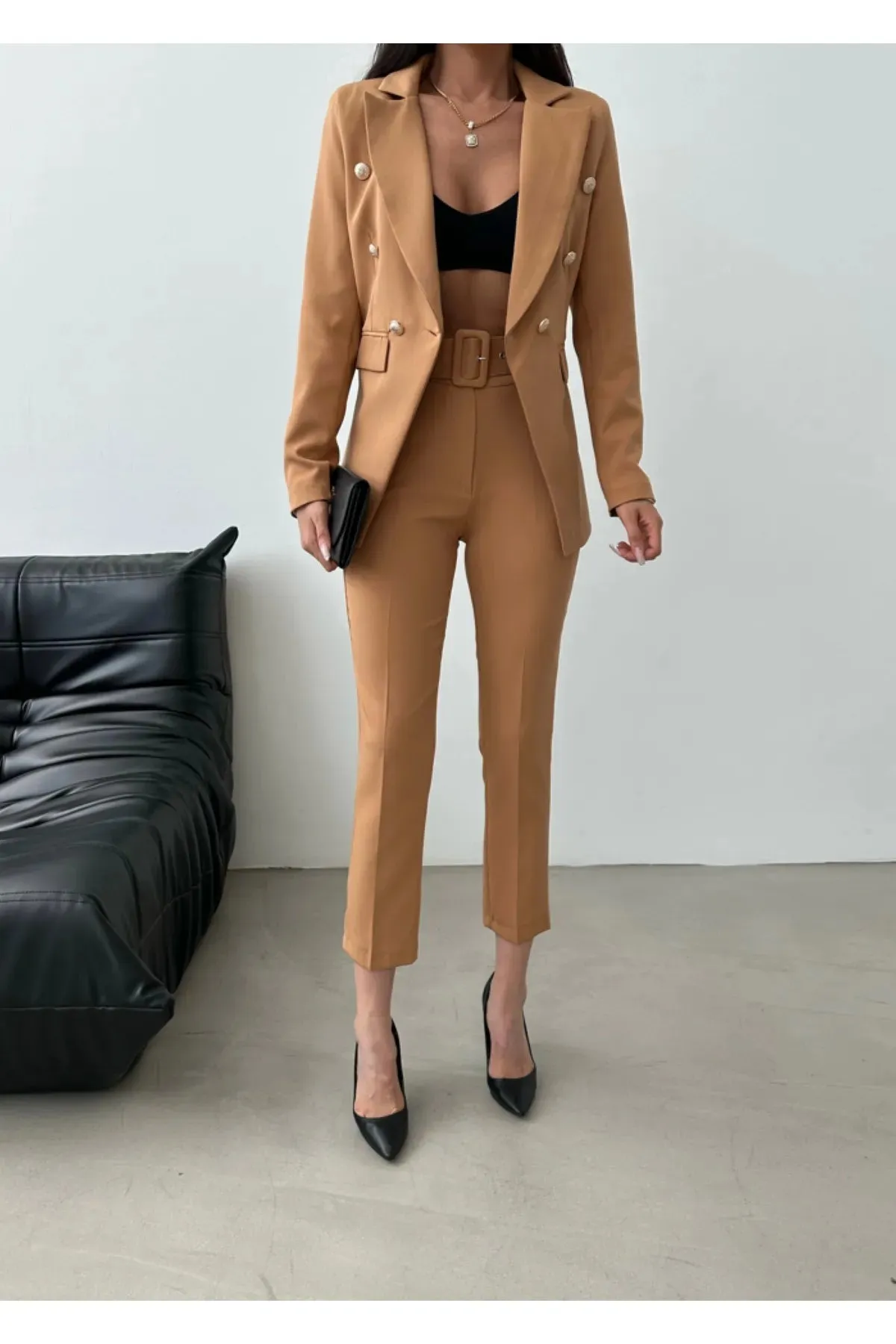 Female Clothing Women's Striped Buttoned Blazer Jacket Pants Sets