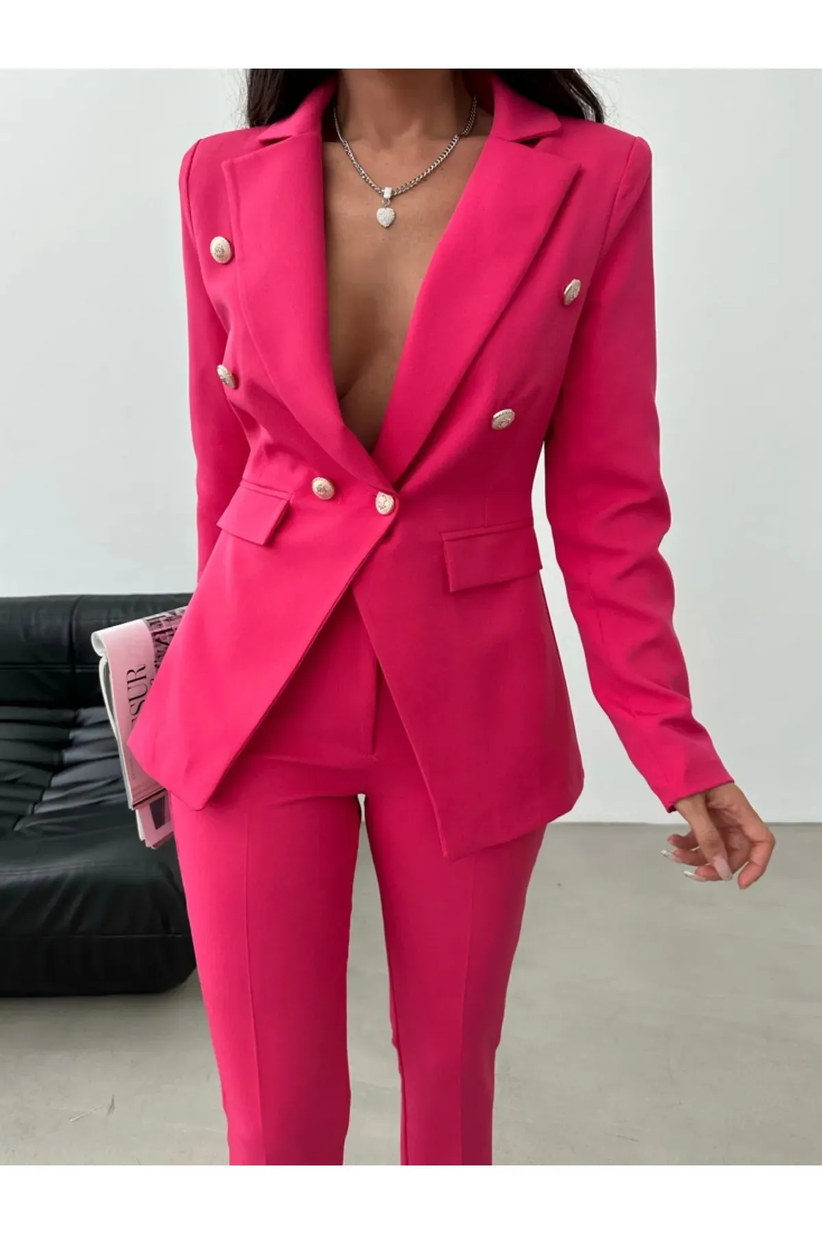 Female Clothing Women's Striped Buttoned Blazer Jacket Pants Sets