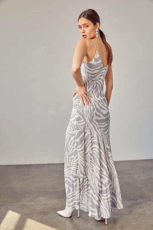 FRONT SLIT ZEBRA SLIP MAXI DRESS