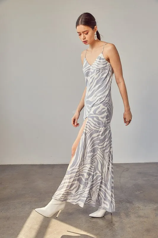 FRONT SLIT ZEBRA SLIP MAXI DRESS