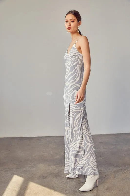 FRONT SLIT ZEBRA SLIP MAXI DRESS