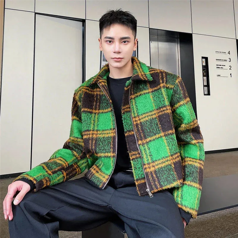 Green Woolen Plaid Short Zipper Jacket