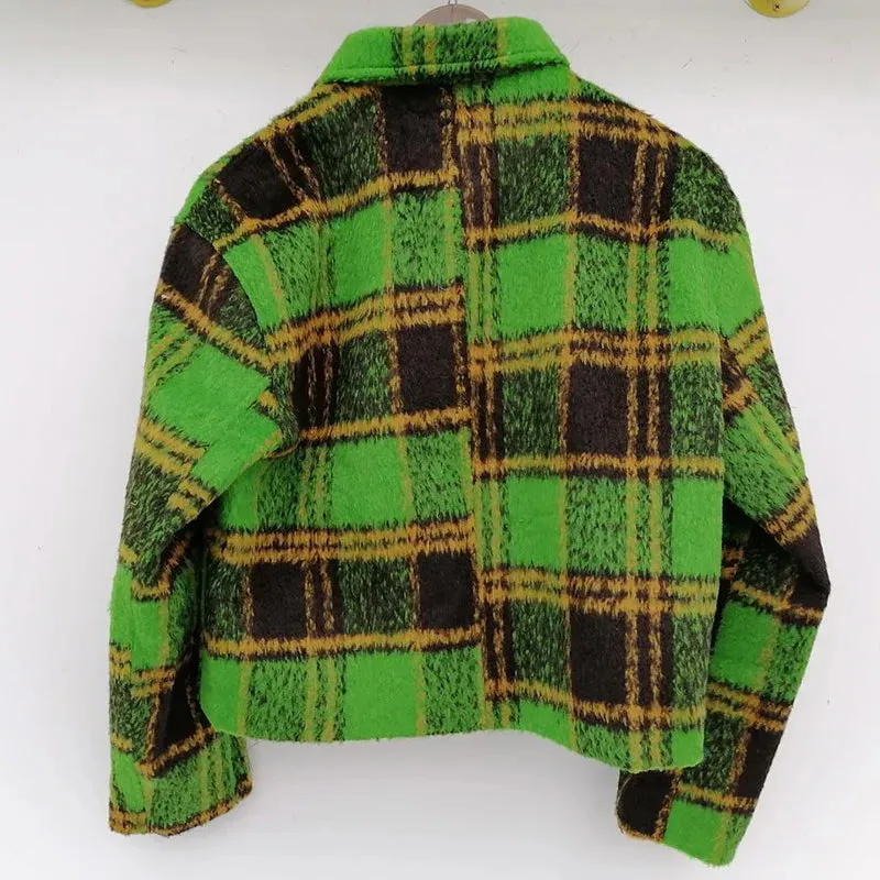 Green Woolen Plaid Short Zipper Jacket