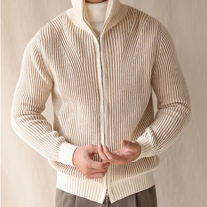 High Neck Double Zippers Warm Knitted Cardigan