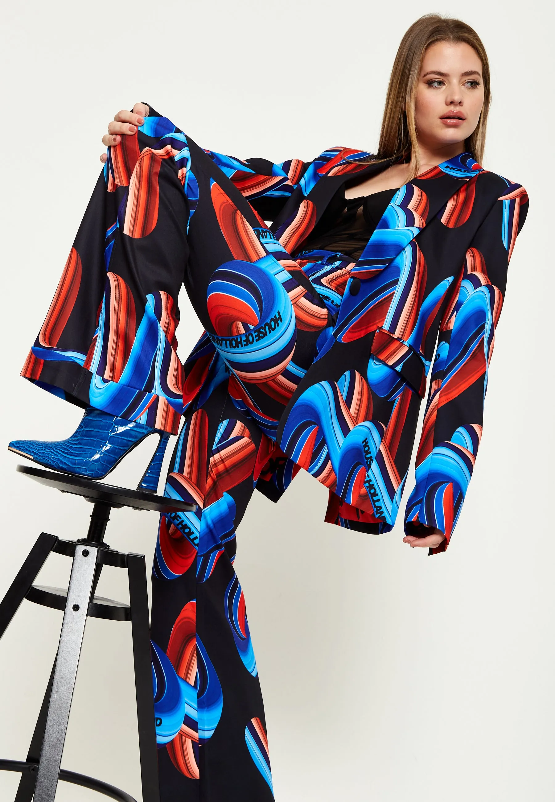 House Of Holland Abstract Print Blazer In Black, Red And Blue