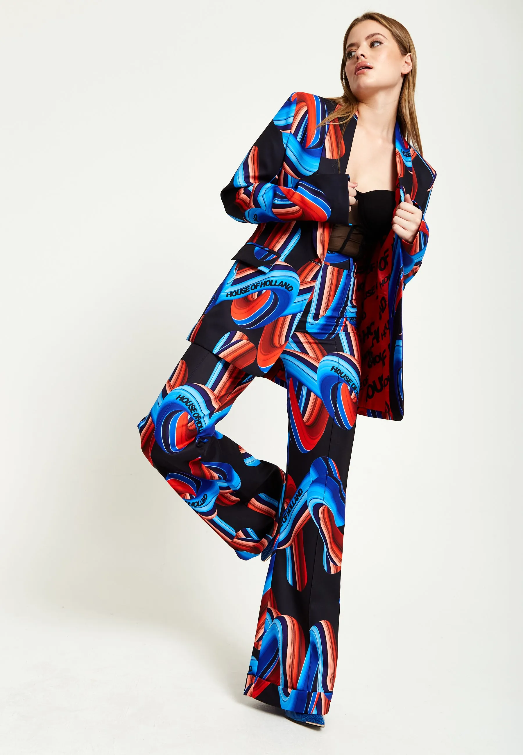 House Of Holland Abstract Print Blazer In Black, Red And Blue