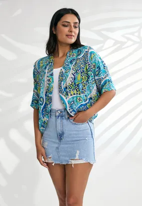 Indii Breeze Crop Kimono - Paisley Blue