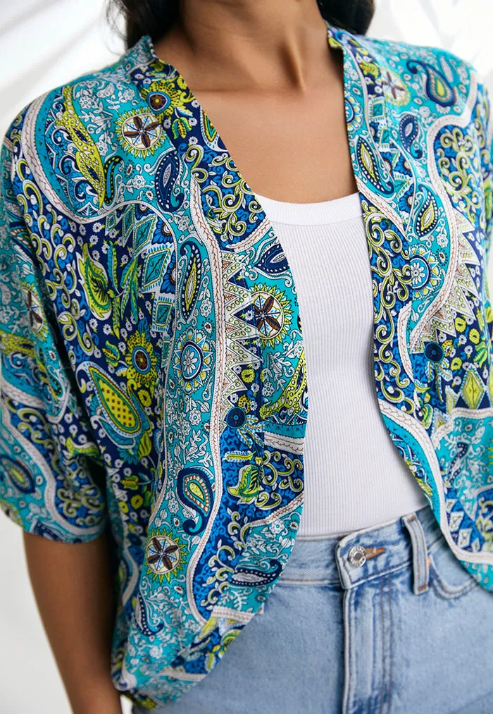 Indii Breeze Crop Kimono - Paisley Blue