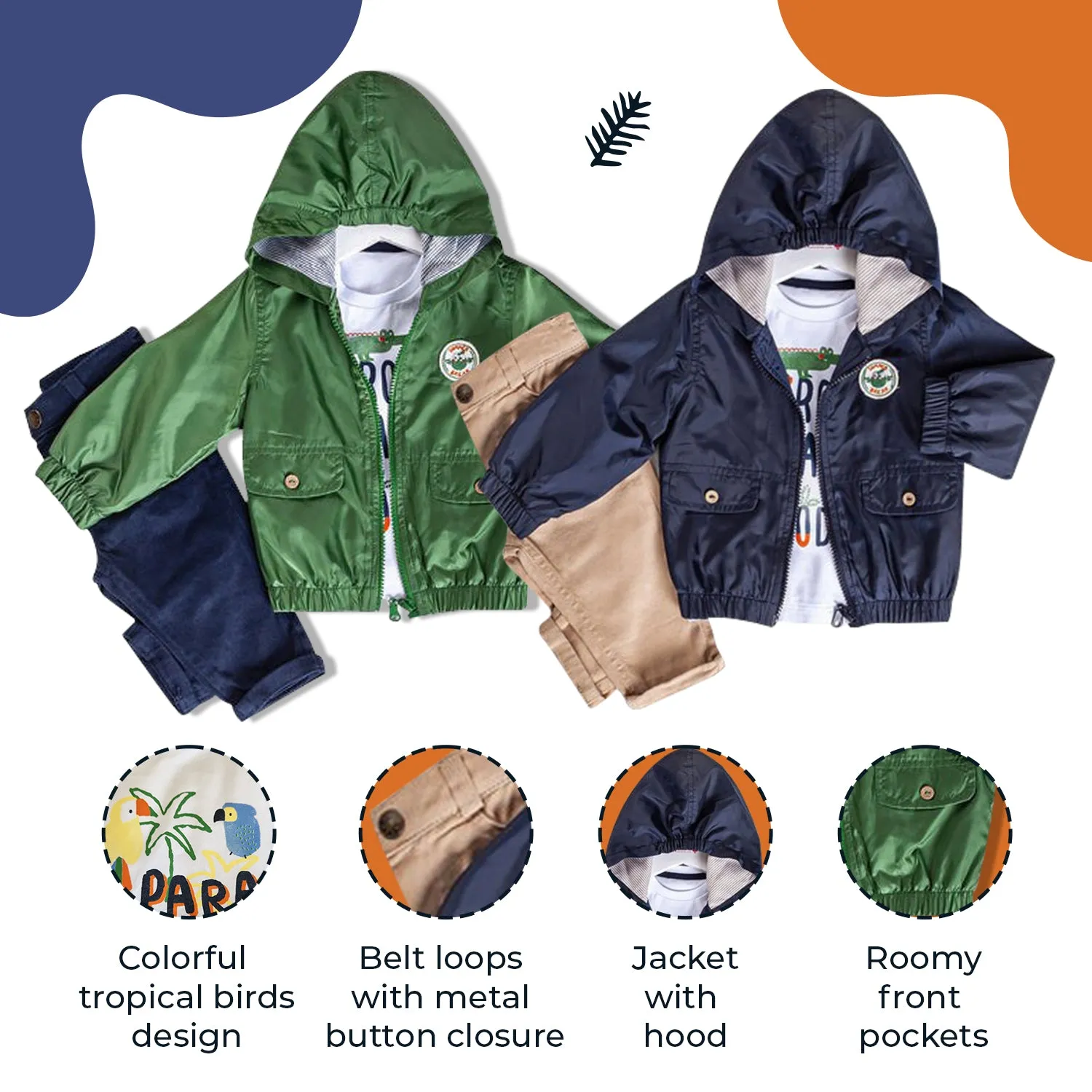 Infant and Toddler Hoodie Windbreaker 3-Piece Casual Wear - Great for Warm Weather