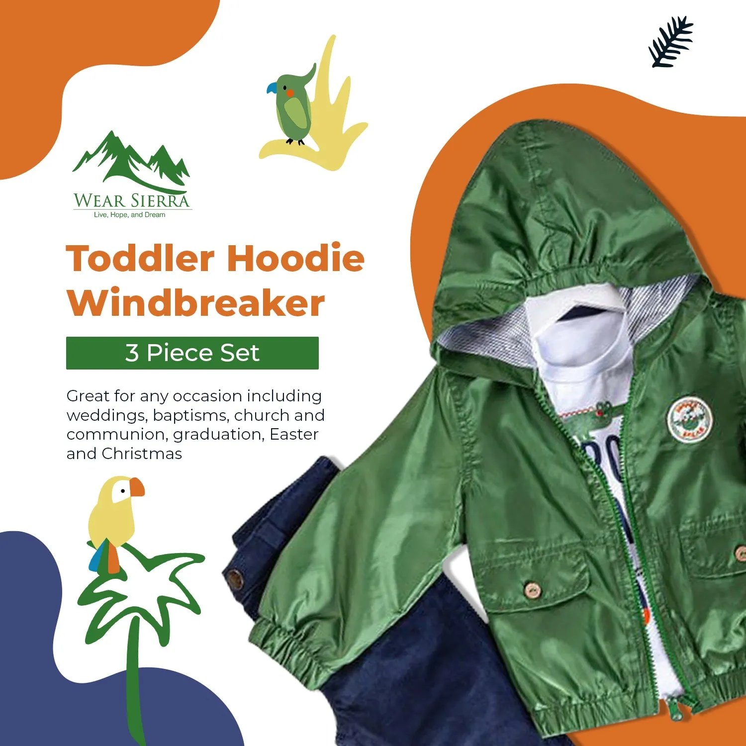 Infant and Toddler Hoodie Windbreaker 3-Piece Casual Wear - Great for Warm Weather