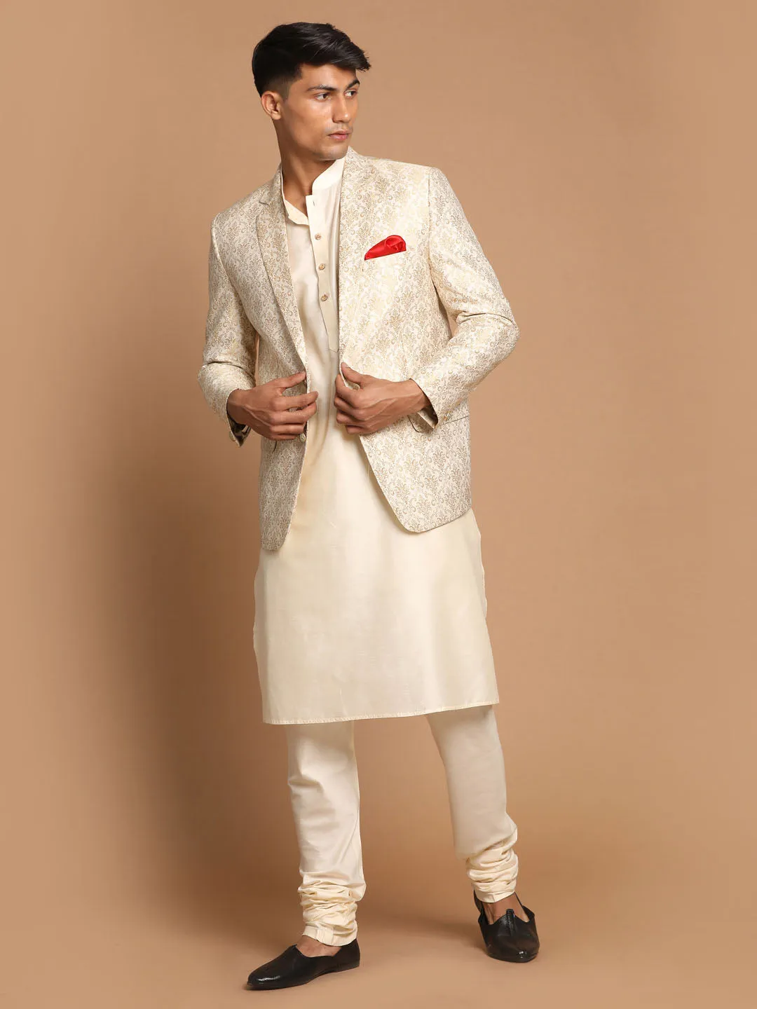 Jashvi Men's Gold Woven Blazer And Cream Solid Kurta With Pajama Set