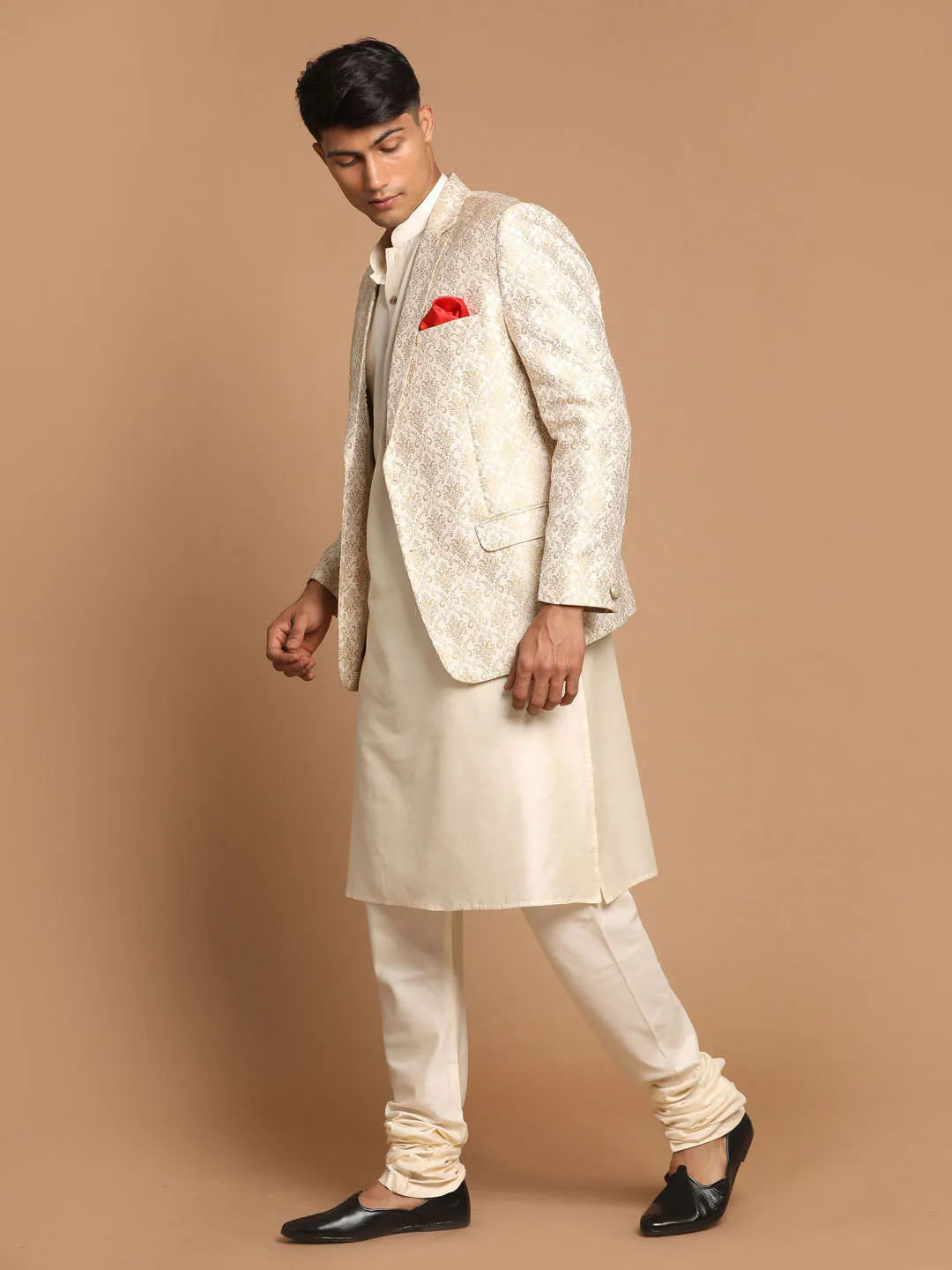 Jashvi Men's Gold Woven Blazer And Cream Solid Kurta With Pajama Set