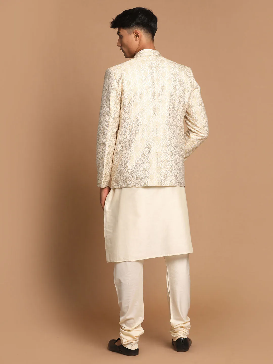 Jashvi Men's Gold Woven Blazer And Cream Solid Kurta With Pajama Set