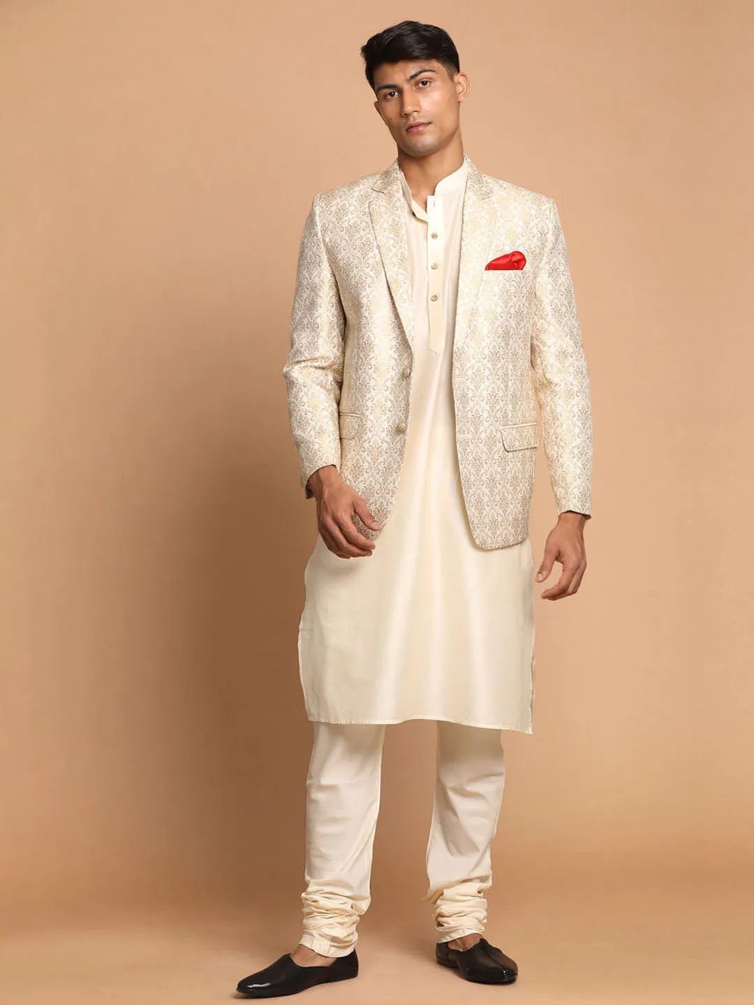 Jashvi Men's Gold Woven Blazer And Cream Solid Kurta With Pajama Set